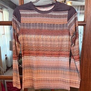 Exclusive Womens Long Sleeve Tribal Geometric Stripe Print Top Rust Brown Small